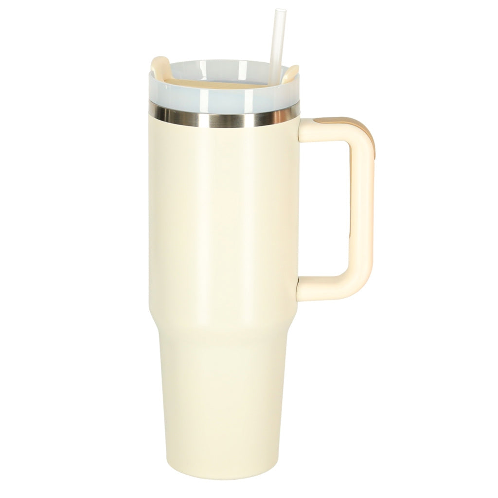 Termosmugg 1,2L med handtag och sugrör i rostfritt stål, kräm