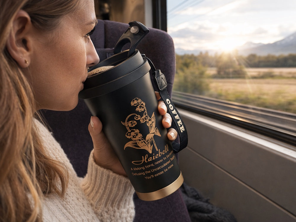 Termosmugg 530 ml med sugrör och handtag SUS316 svart