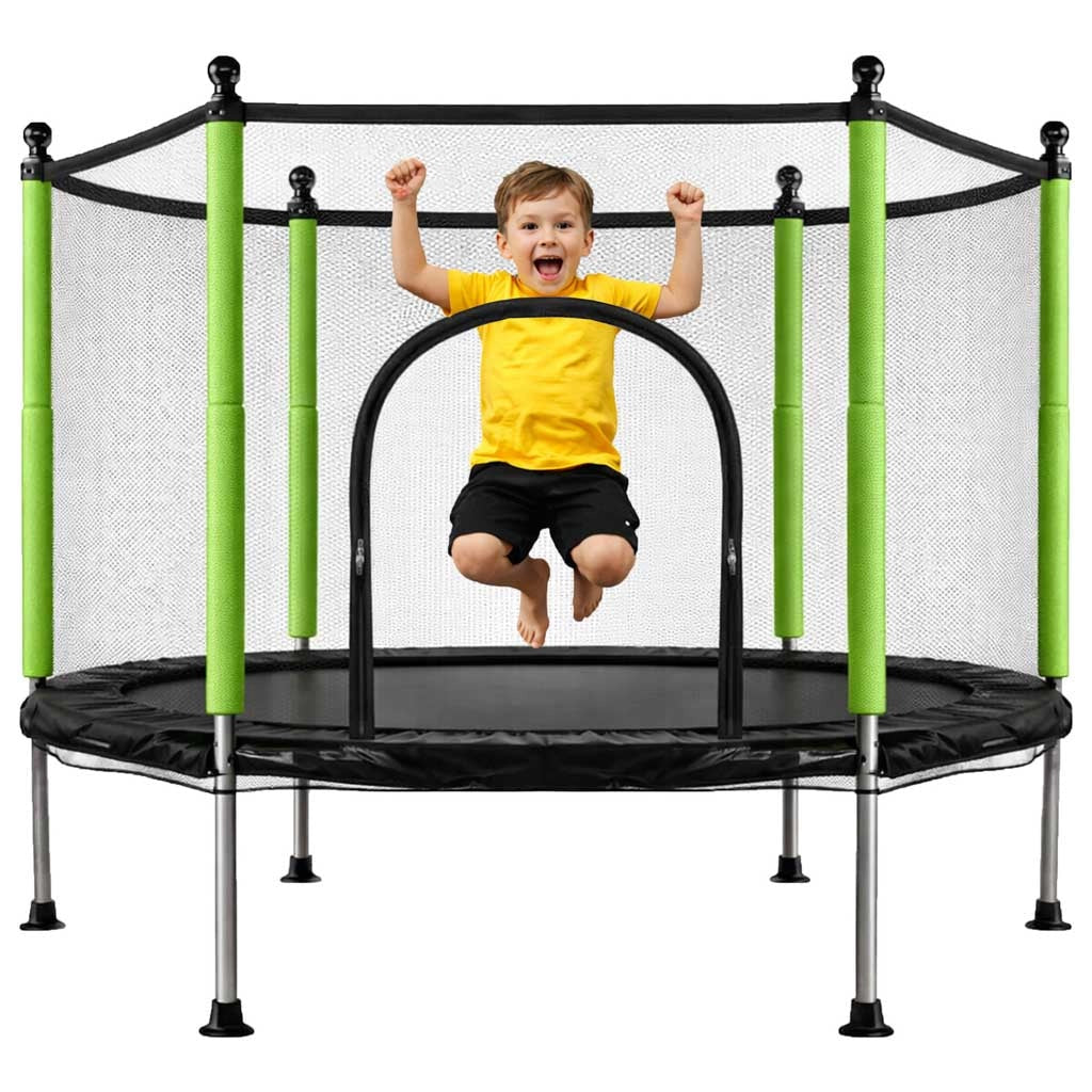 Trampolin för barn 140 cm med säkerhetsnät, 10 bollar, 150 kg