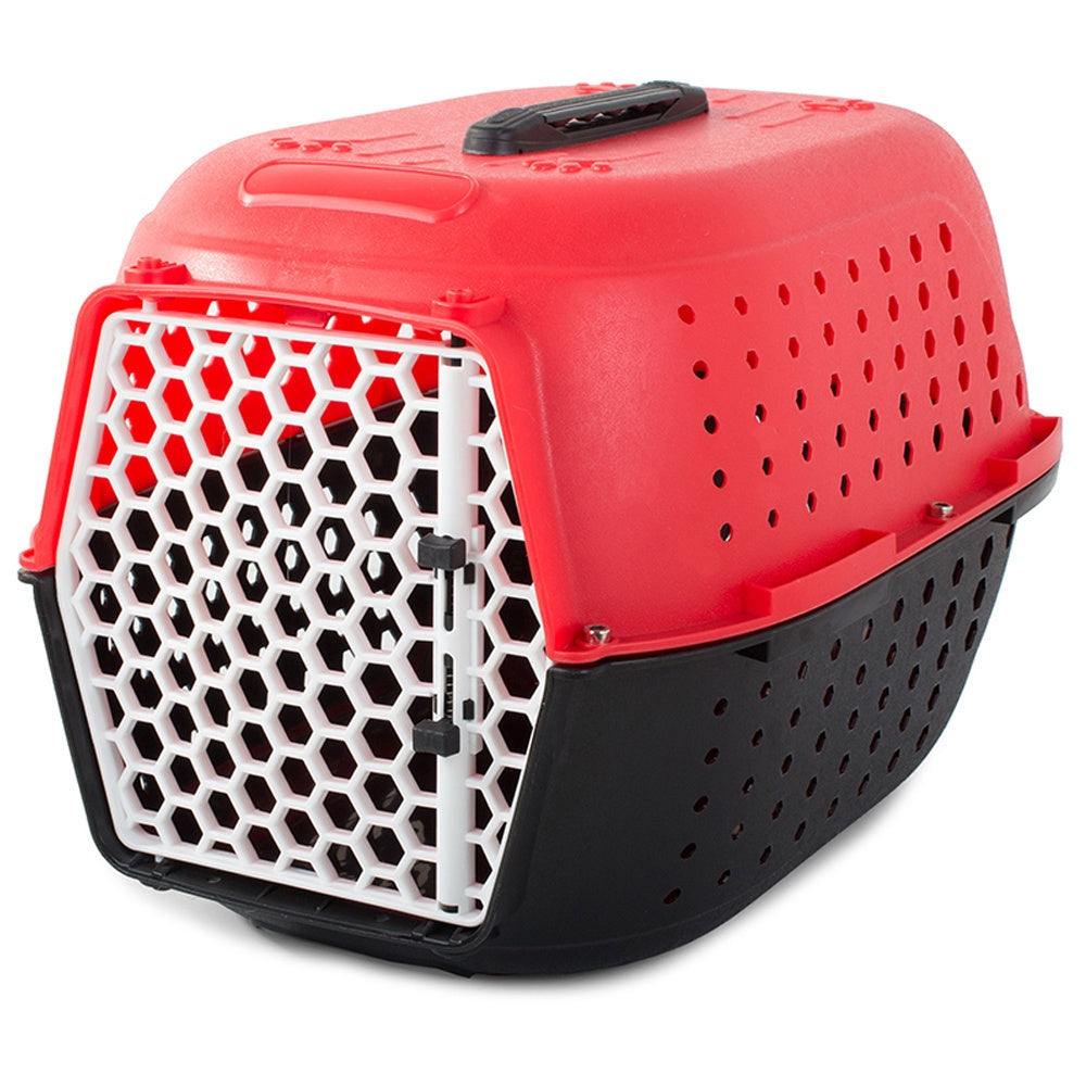 Transportbur hund/katt i plast 48x32x30 cm med låsbar dörr, röd