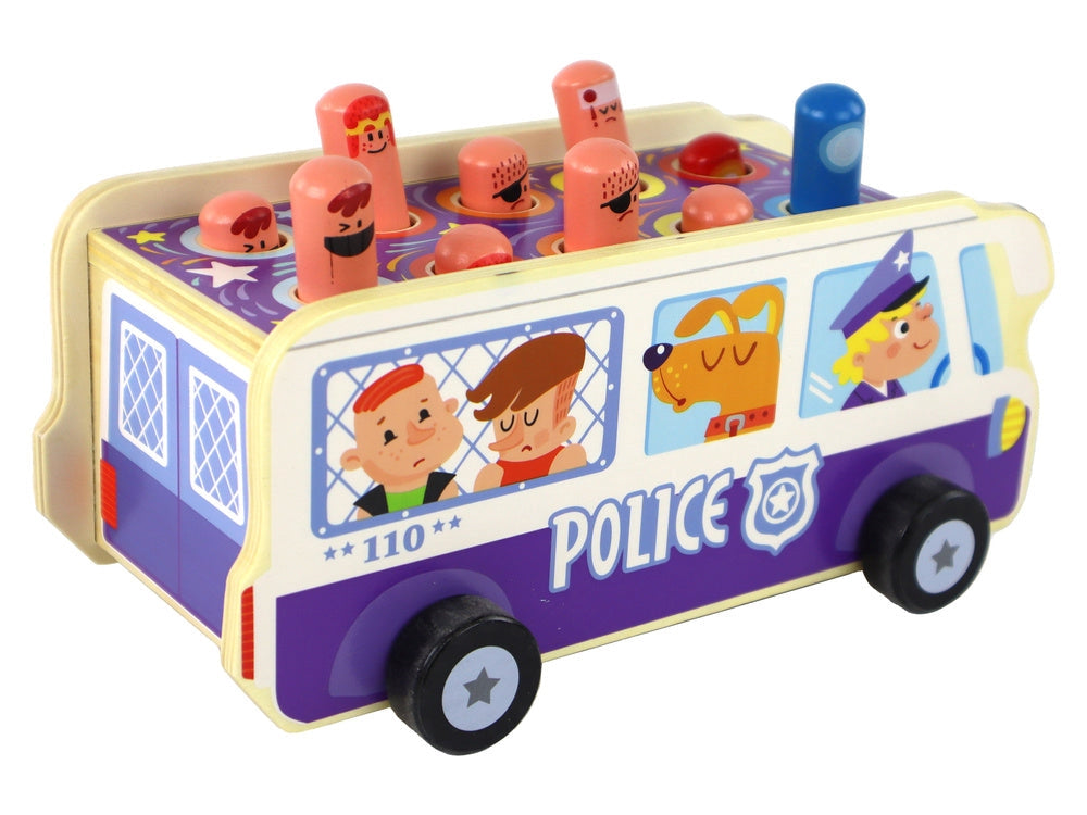 Träarkadspel polisbus med hammare, ekologiskt trä, från 3 år