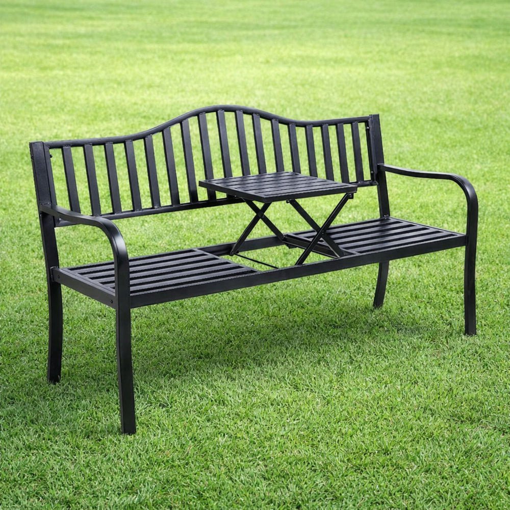 Trädgårdsbänk metall svart 150 cm med utdragbart bord 2-3 sits