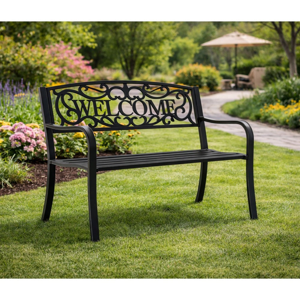 Trädgårdsbänk metall svart matt 127x61x87 cm "WELCOME" 320 kg