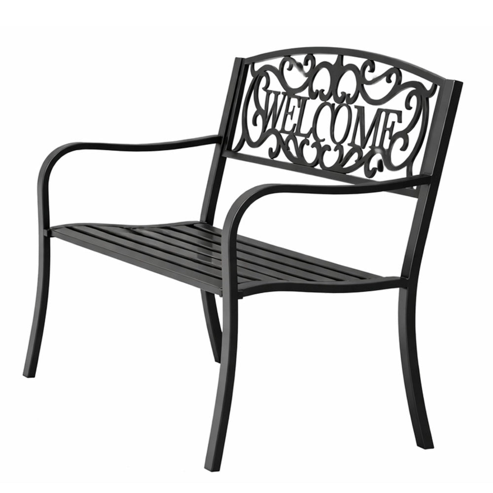 Trädgårdsbänk metall svart matt 127x61x87 cm "WELCOME" 320 kg