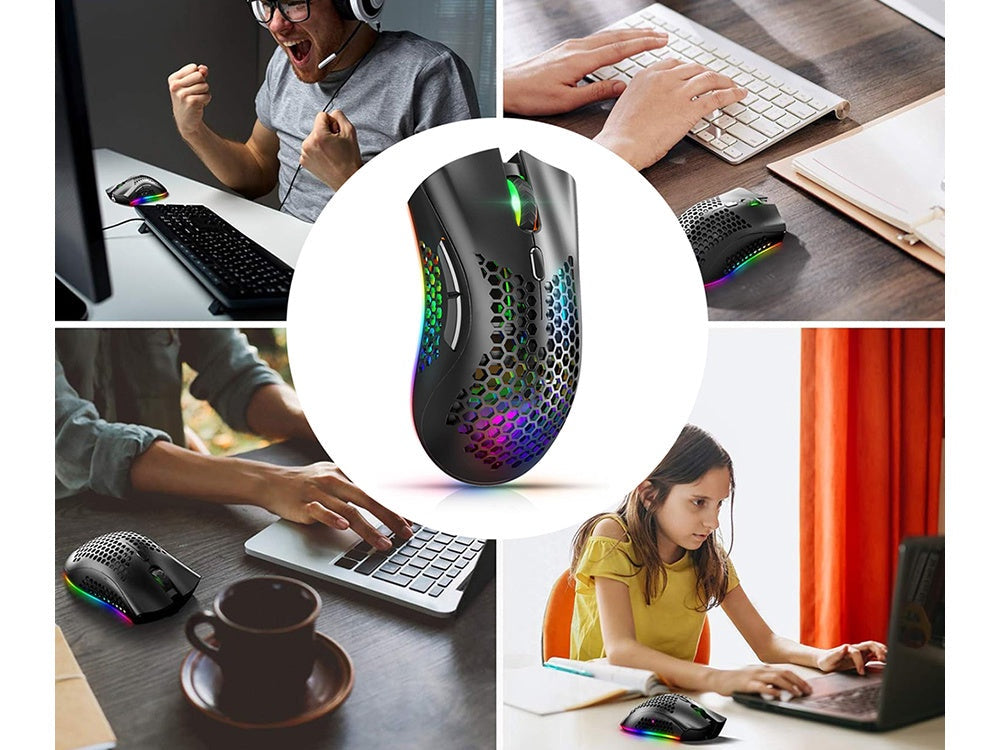 Trådlös gamingmus 2,4 GHz RGB optisk 800–1600 DPI uppladdningsbar