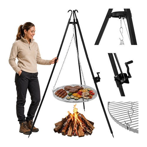 Tripod grill över öppen eld 70 cm galler, höjdjusterbar, rostfri