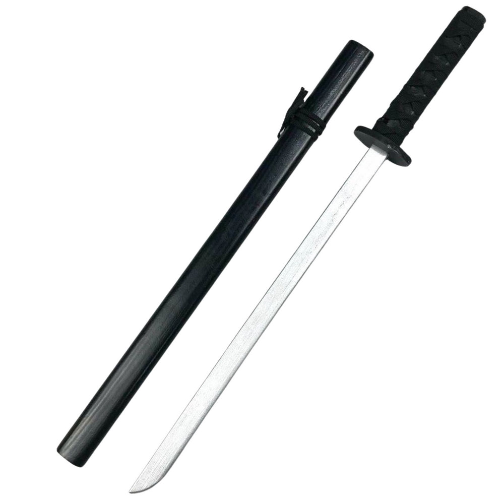 Träkatana 70 cm svart med tygsnöre på handtag för lek och träning