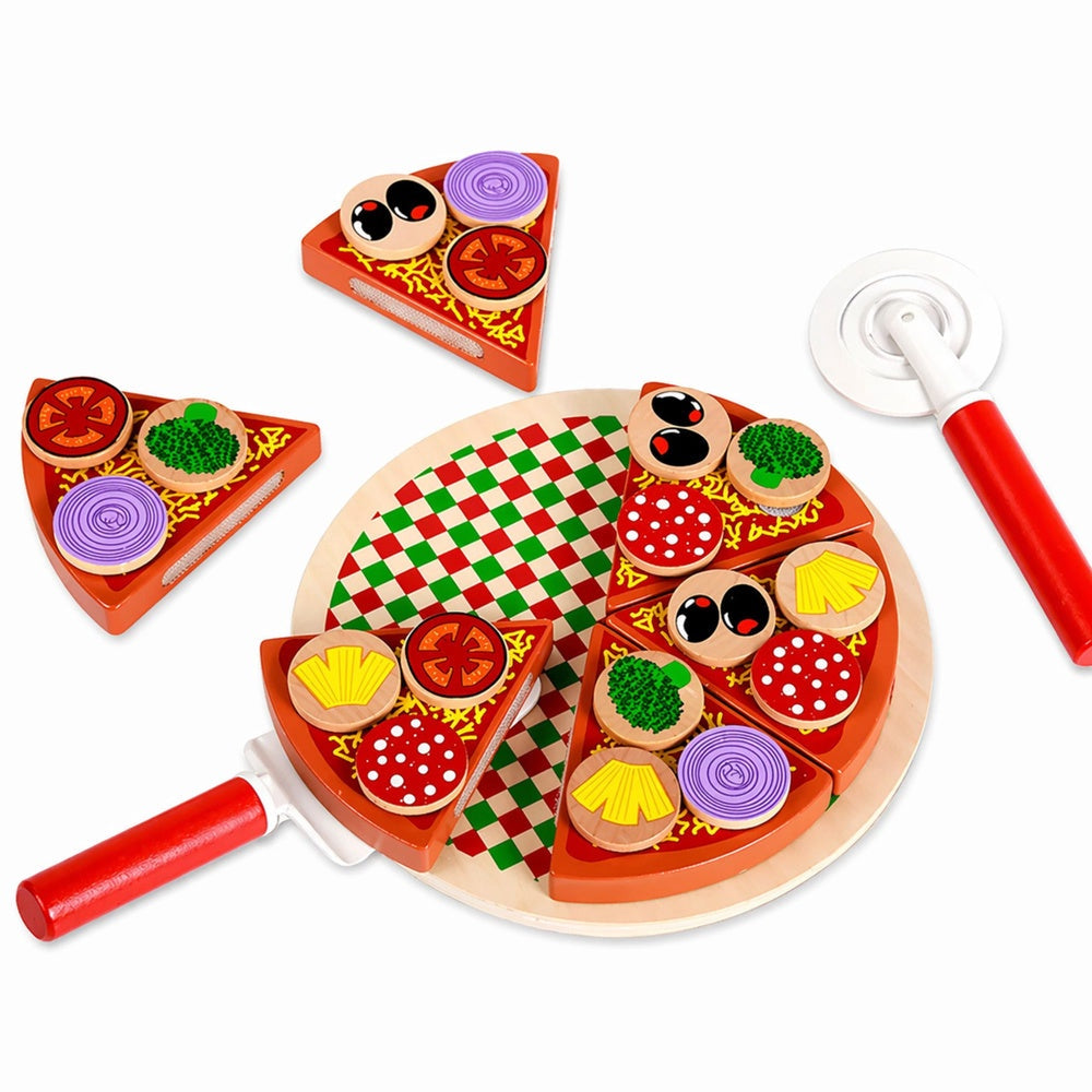 Träleksak skärbar pizza 6 bitar 20 cm med tallrik, kniv och spatel