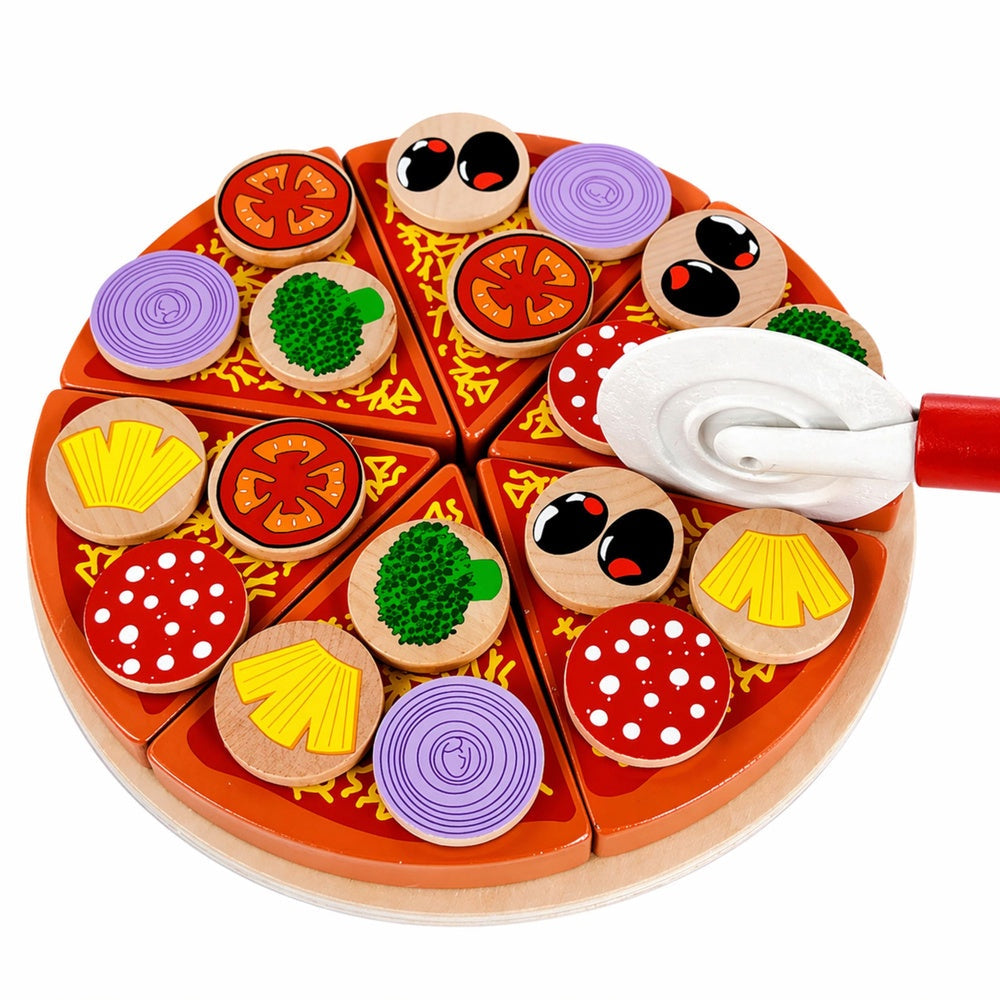 Träleksak skärbar pizza 6 bitar 20 cm med tallrik, kniv och spatel