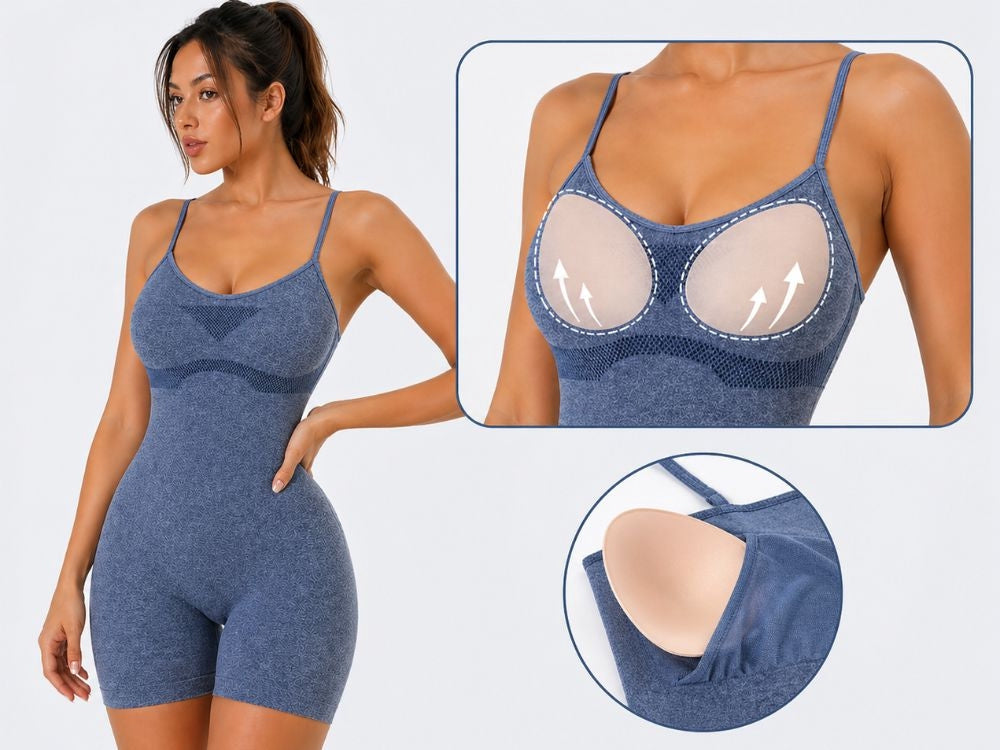 Träningsshorts/jumpsuit dam push-up med inbyggda kupor blå S/M