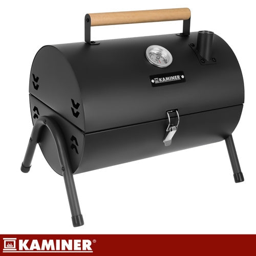 Turistkolgrill med lock och termometer, 2 grillgaller, svart 41,5 cm