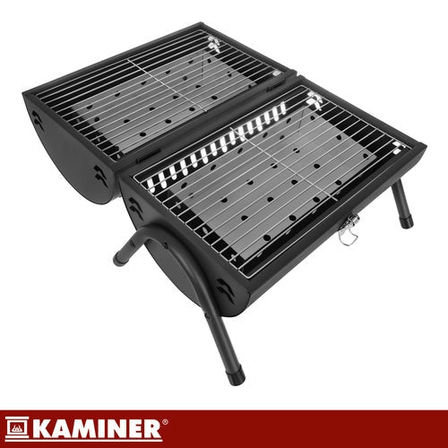 Turistkolgrill med lock och termometer, 2 grillgaller, svart 41,5 cm