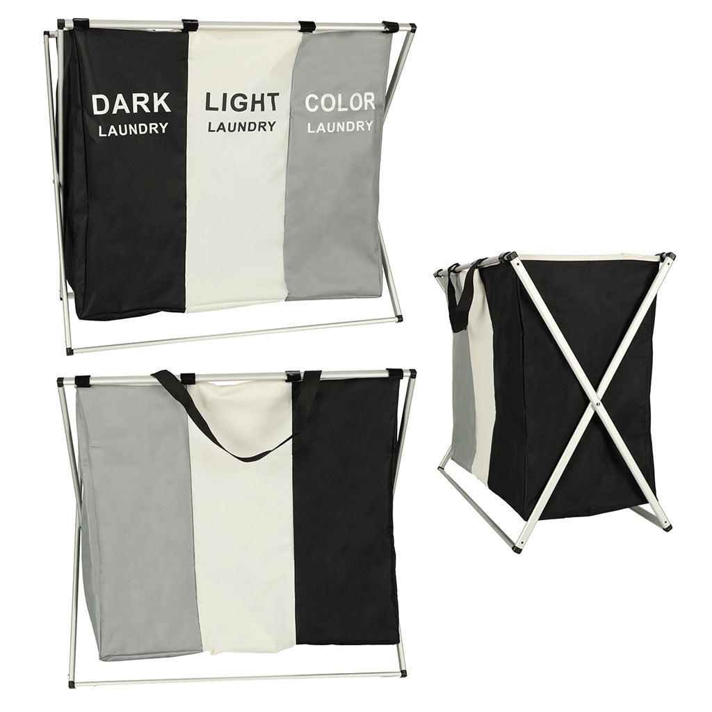 Tvättkorg 3 fack 135L fällbar metallram vit 65x36,5x58 cm