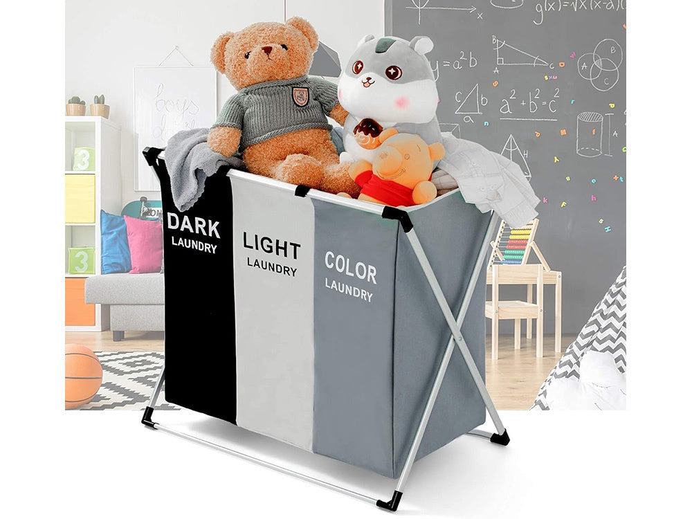 Tvättkorg 3 fack 135 L hopfällbar aluminiumram textil