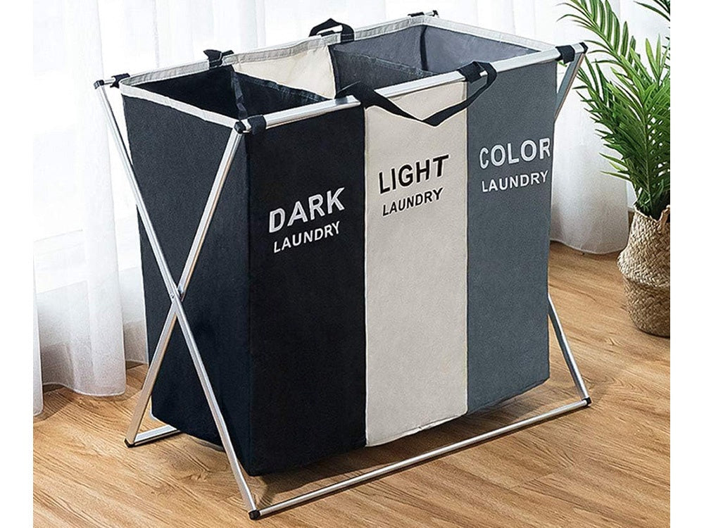 Tvättkorg 3 fack 135 L hopfällbar aluminiumram textil
