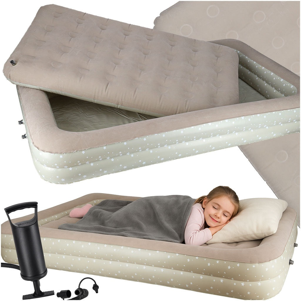 Uppblåsbar barnsäng 140x90 cm med pump, grå med stjärnor
