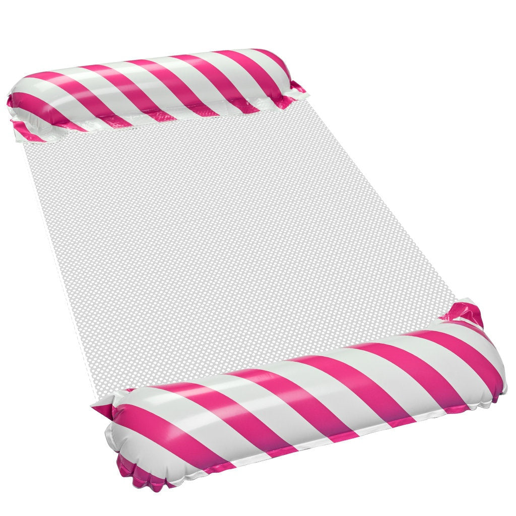 Uppblåsbar flytmatta med ryggstöd och nätbotten rosa/vit 110x70