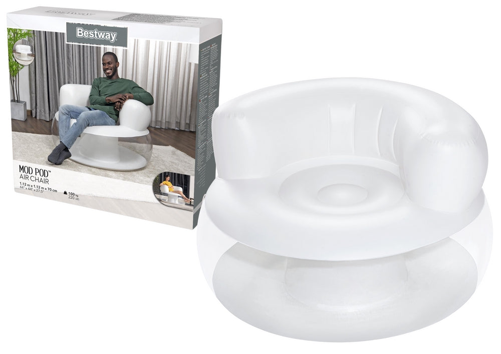 Uppblåsbar fåtölj vit PVC 112x112x70 cm max 100 kg inne/ute