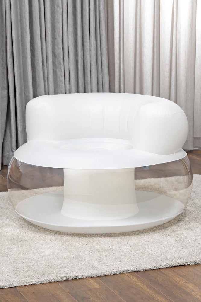 Uppblåsbar fåtölj vit PVC 112x112x70 cm max 100 kg inne/ute