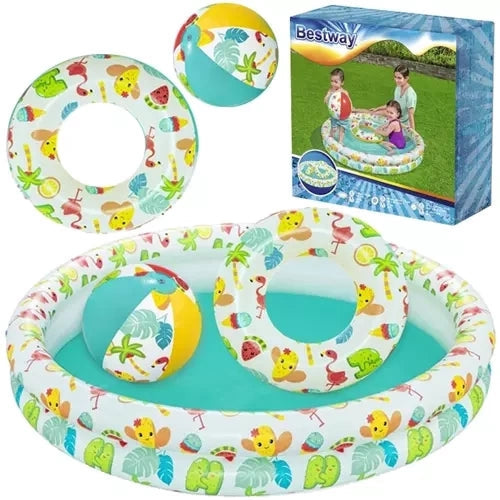 Uppblåsbar paddlingpool 122x20 cm set med simring 46 cm & boll 27 cm