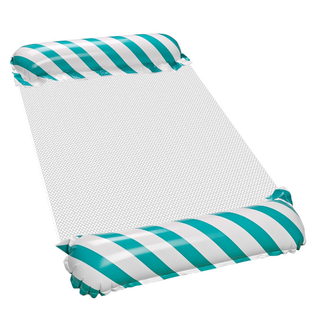 Uppblåsbar strandmatta med nätbotten blå/vit randig 110x70 cm