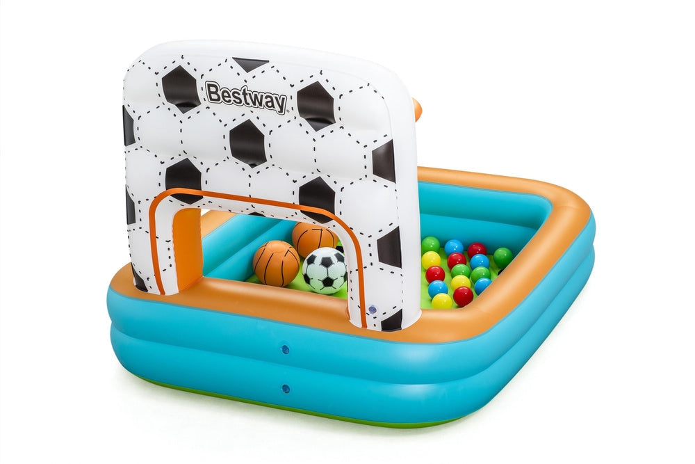 Uppblåsbart lekland med basketkorgar, fotbollsmål & 15 bollar 120x107