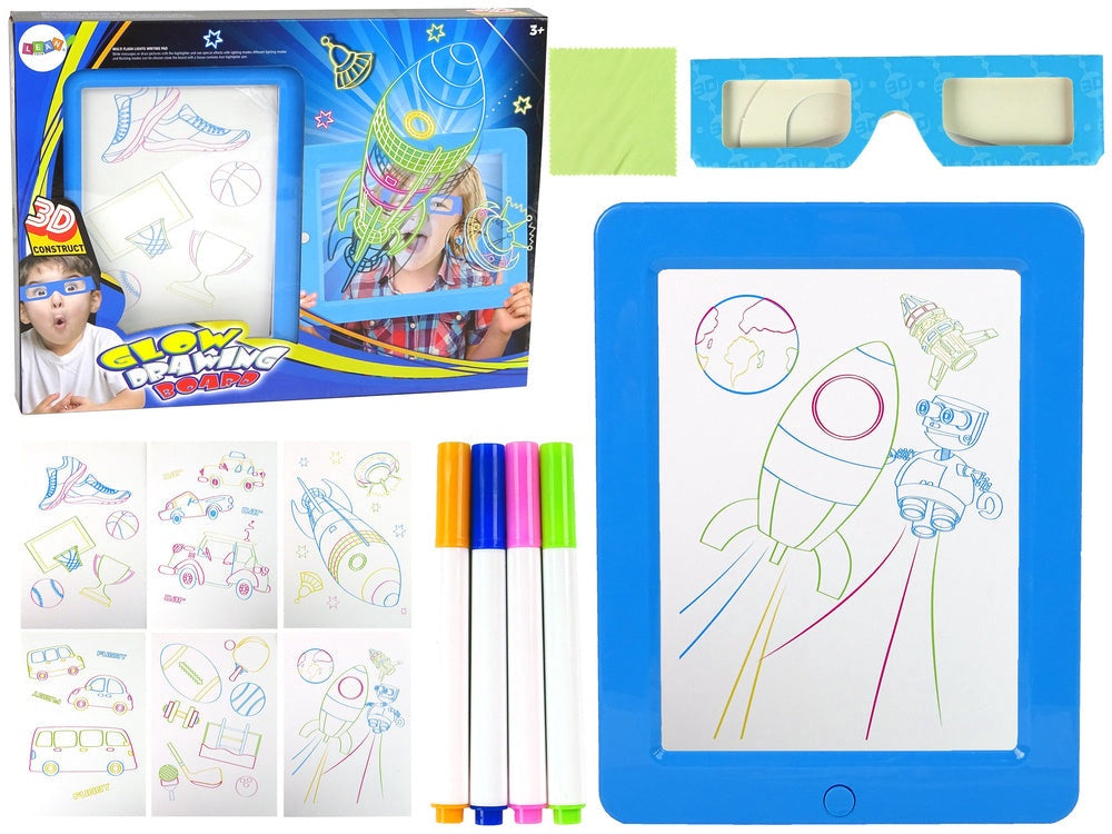 Upplyst 3D-whiteboard set med neonmarkörer, mallar & 3D-glasögon