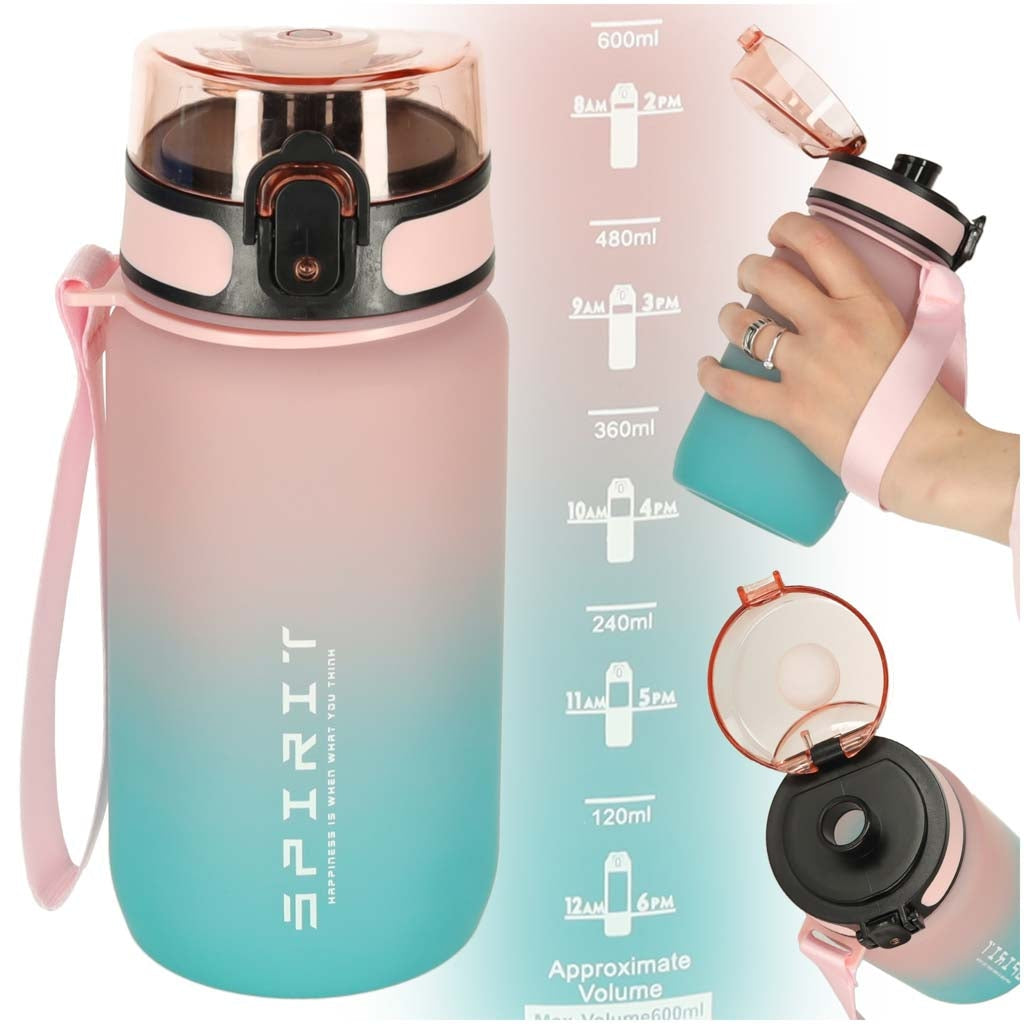 Vattenflaska 600 ml med mätmarkering och klicklock, BPA-fri rosa/blå