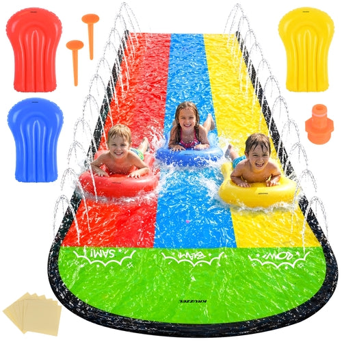 Vattenslide med fontän 480 cm 3 banor inkl 3 uppblåsbara brädor