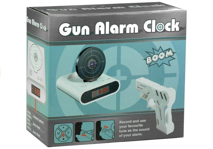 Väckarklocka med laserpistol och måltavla för att stänga av alarm