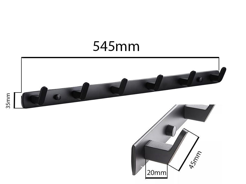Väggmonterad klädhängare 6 krokar metall svart 54,5 cm