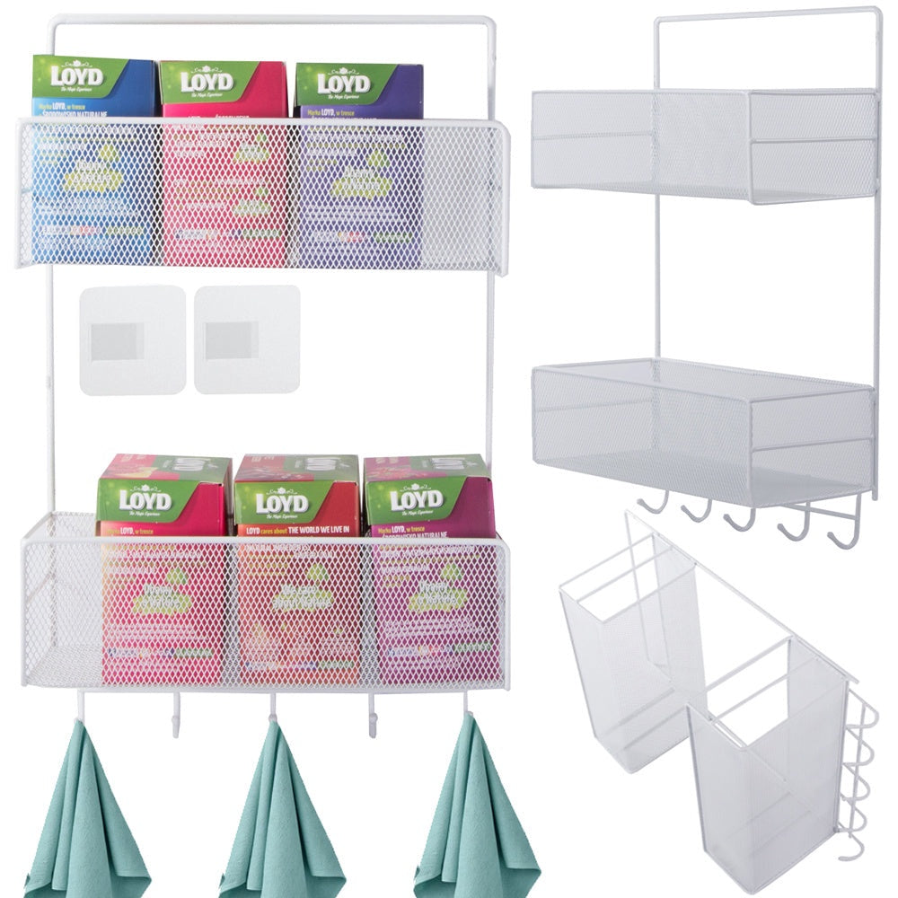 Väggorganiser metall 2 hyllor + 2 självhäftande krokar vit 42 cm