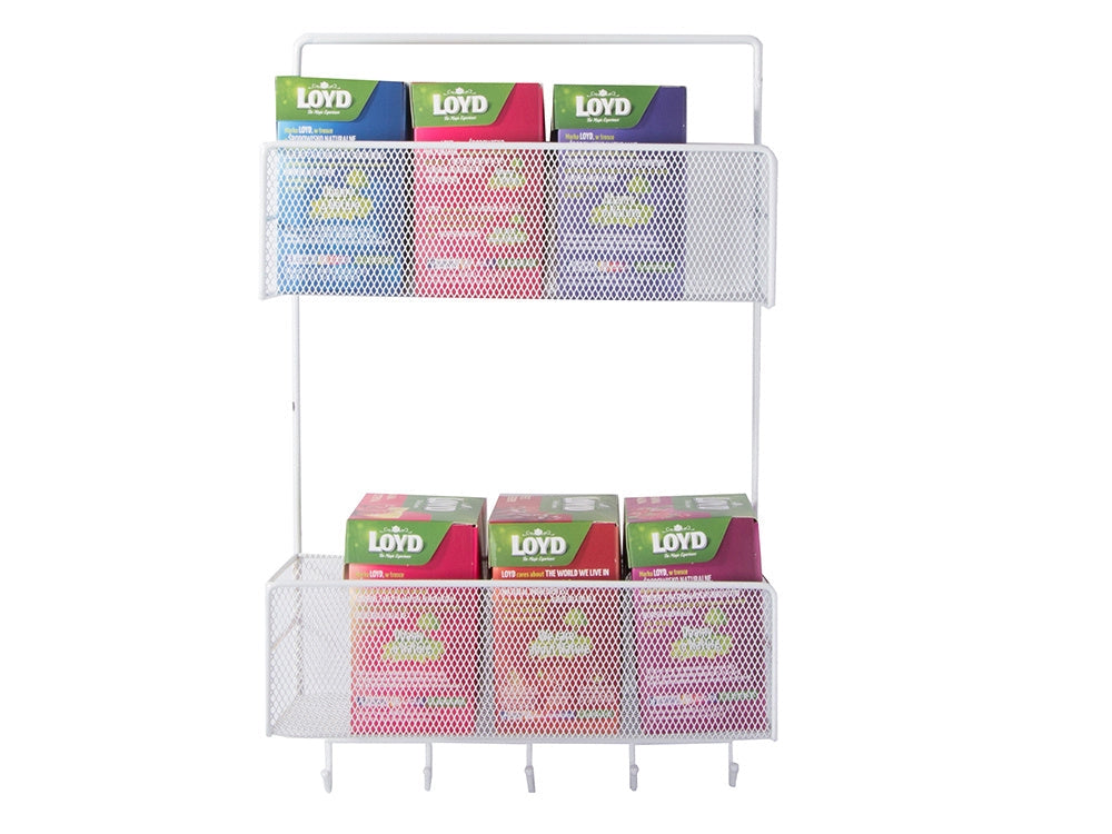 Väggorganiser metall 2 hyllor + 2 självhäftande krokar vit 42 cm