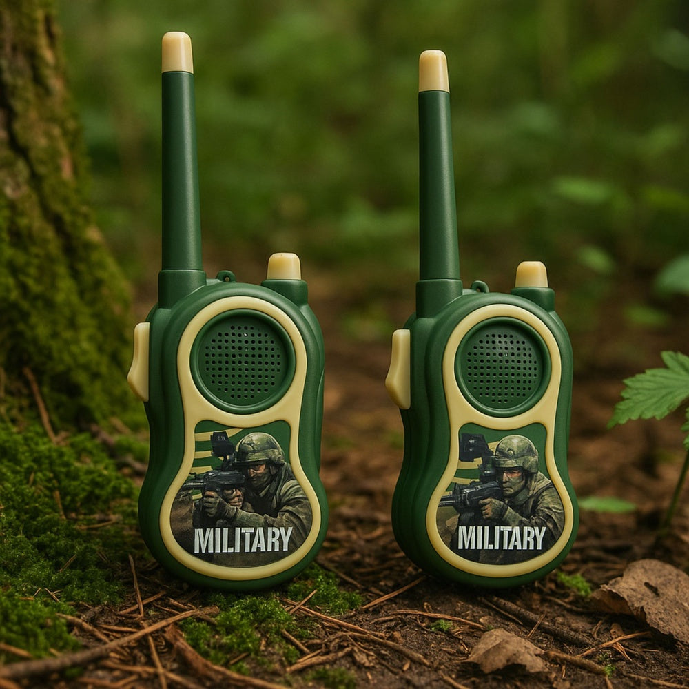 Walkie talkies för barn 2-pack militärtema 300 m räckvidd AA-batteri