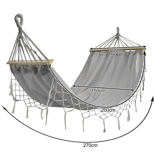 XXL dubbelhängmatta 200x150 cm med träbalk 100 cm 250 kg grå