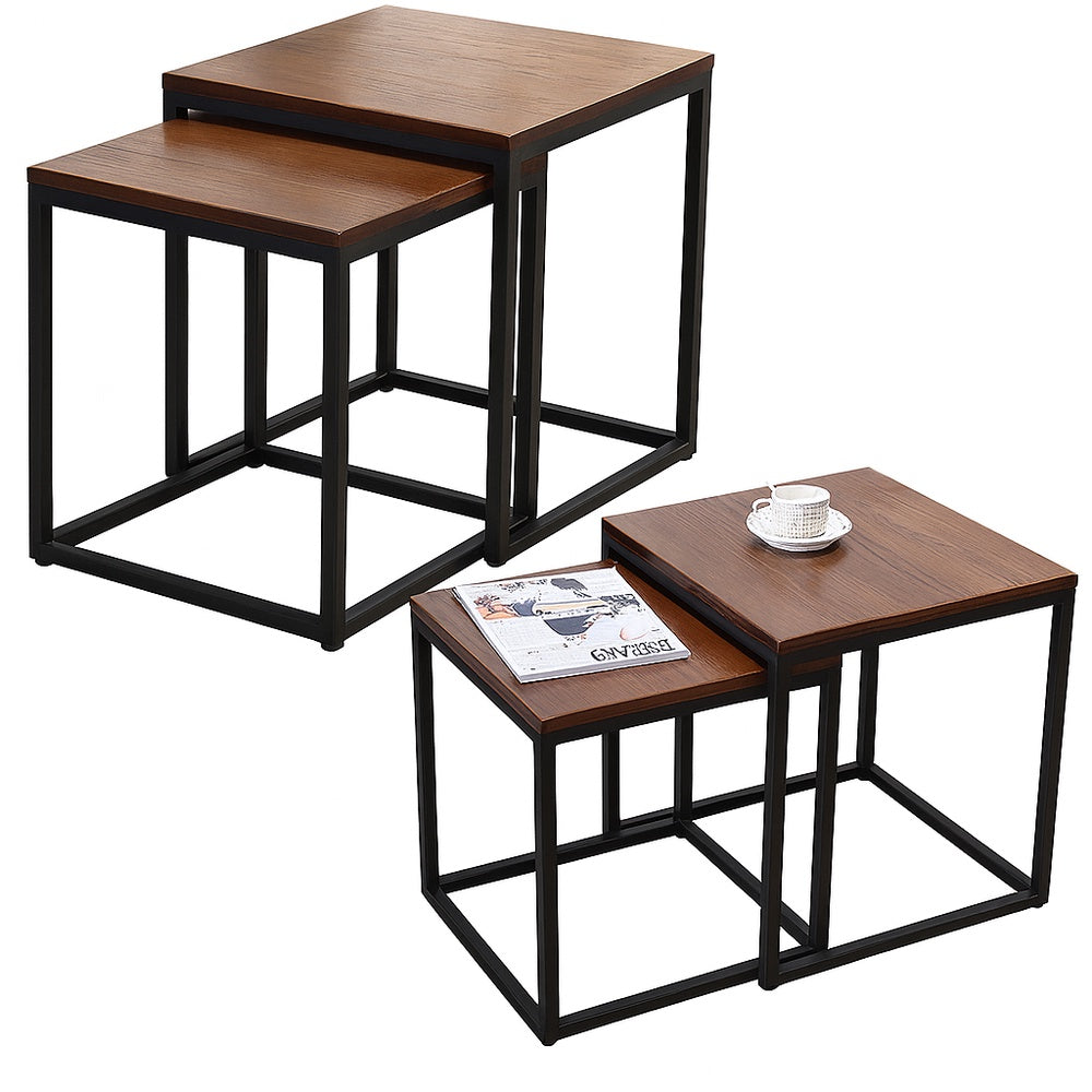 2-i-1 soffbord set 2-pack MDF mörkbrun med svart stålram