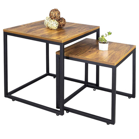 2-i-1 soffbordset 2-pack vintage ek MDF, svart stål 45/40 cm