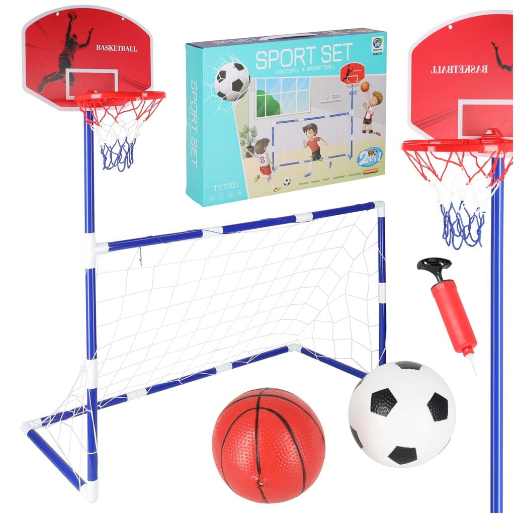 2-i-1 sportset barn fotbollsmål + basketkorg med bollar och pump 3+
