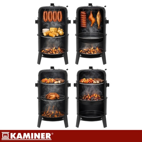 3-i-1 kolgrill med rökbox och locktermometer 80x48x42 cm svart
