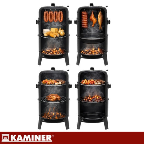 3-i-1 kolgrill med rökbox och locktermometer 80x48x42 cm svart