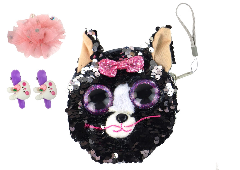Accessoarset barn: kattformad plånbok + 2 hårspännen kanin + hårnål