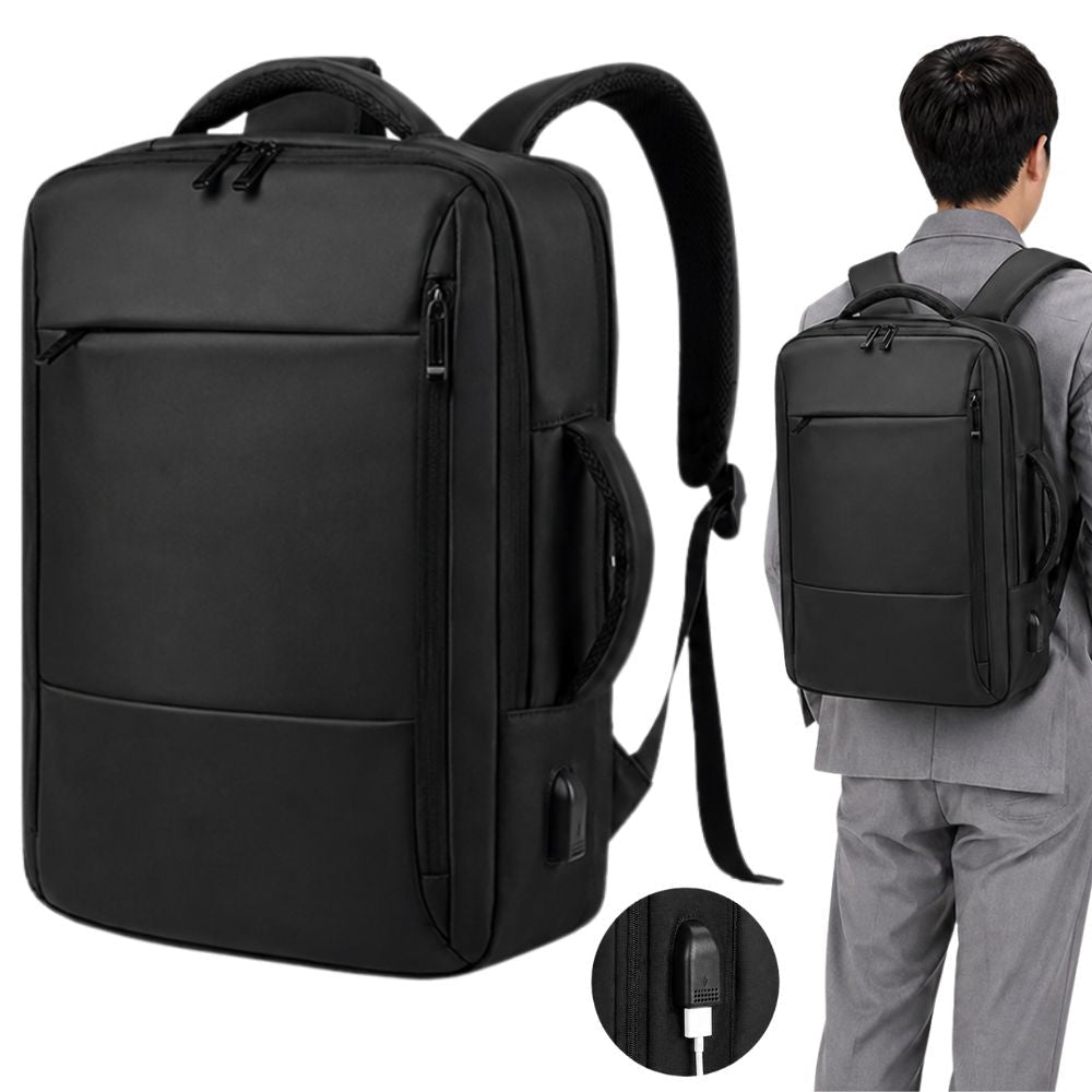 Affärsryggsäck med laptopfack och USB-port svart polyester 33x47 cm