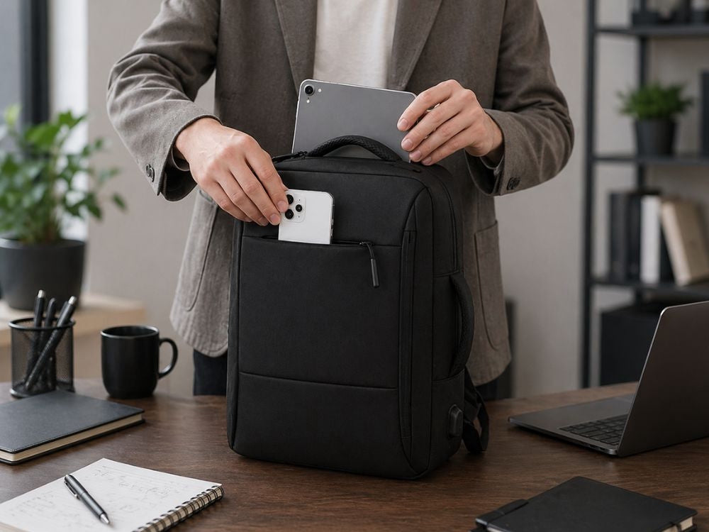 Affärsryggsäck med laptopfack och USB-port svart polyester 33x47 cm