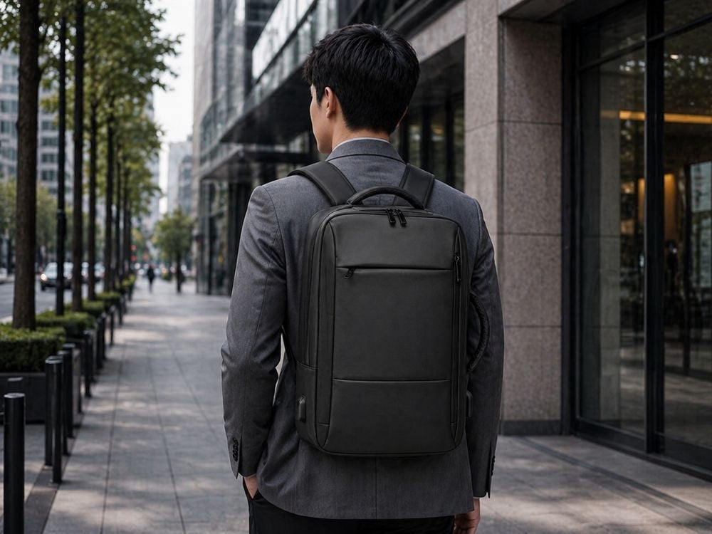 Affärsryggsäck med laptopfack och USB-port svart polyester 33x47 cm