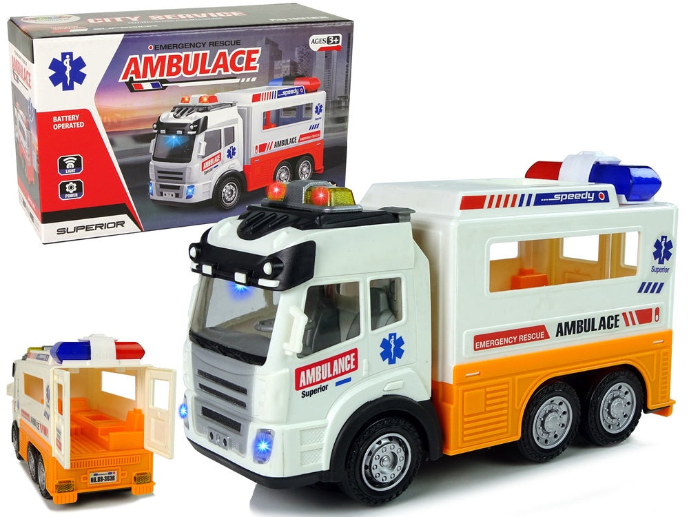 Ambulans leksaksbil 21 cm med ljus & ljud, öppningsbar bakdörr 3+
