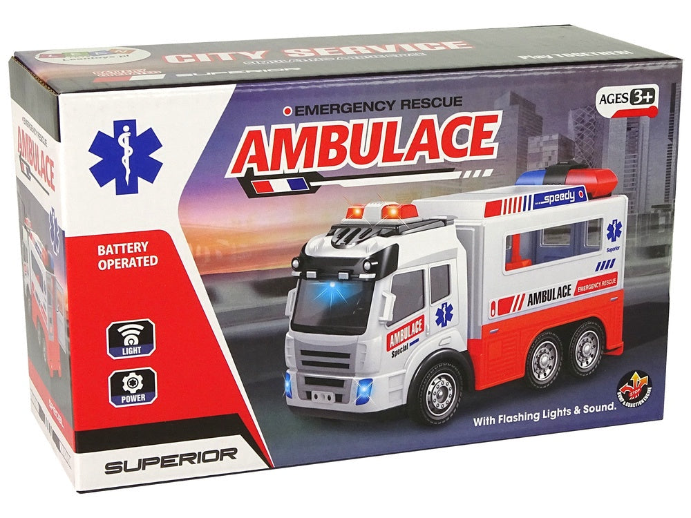 Ambulans leksaksbil 21 cm med ljus & ljud, öppningsbar bakdörr 3+
