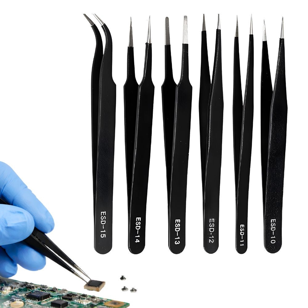 Antistatiskt pincettset 6 st precisionspincetter för elektronik/SMD, svart