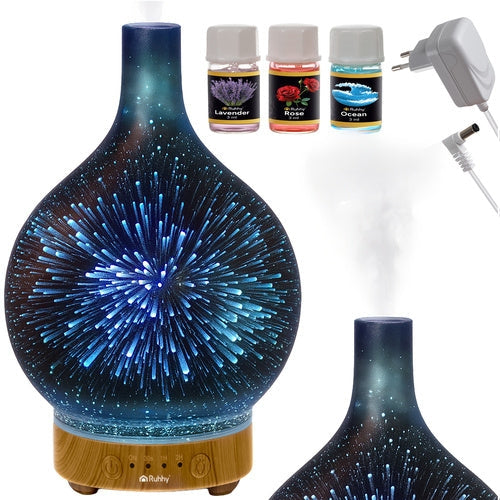 Aromadiffuser luftfuktare 200 ml ultrasonisk med LED-ljus, 3 oljor