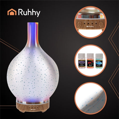 Aromadiffuser luftfuktare 200 ml ultrasonisk med LED-ljus, 3 oljor