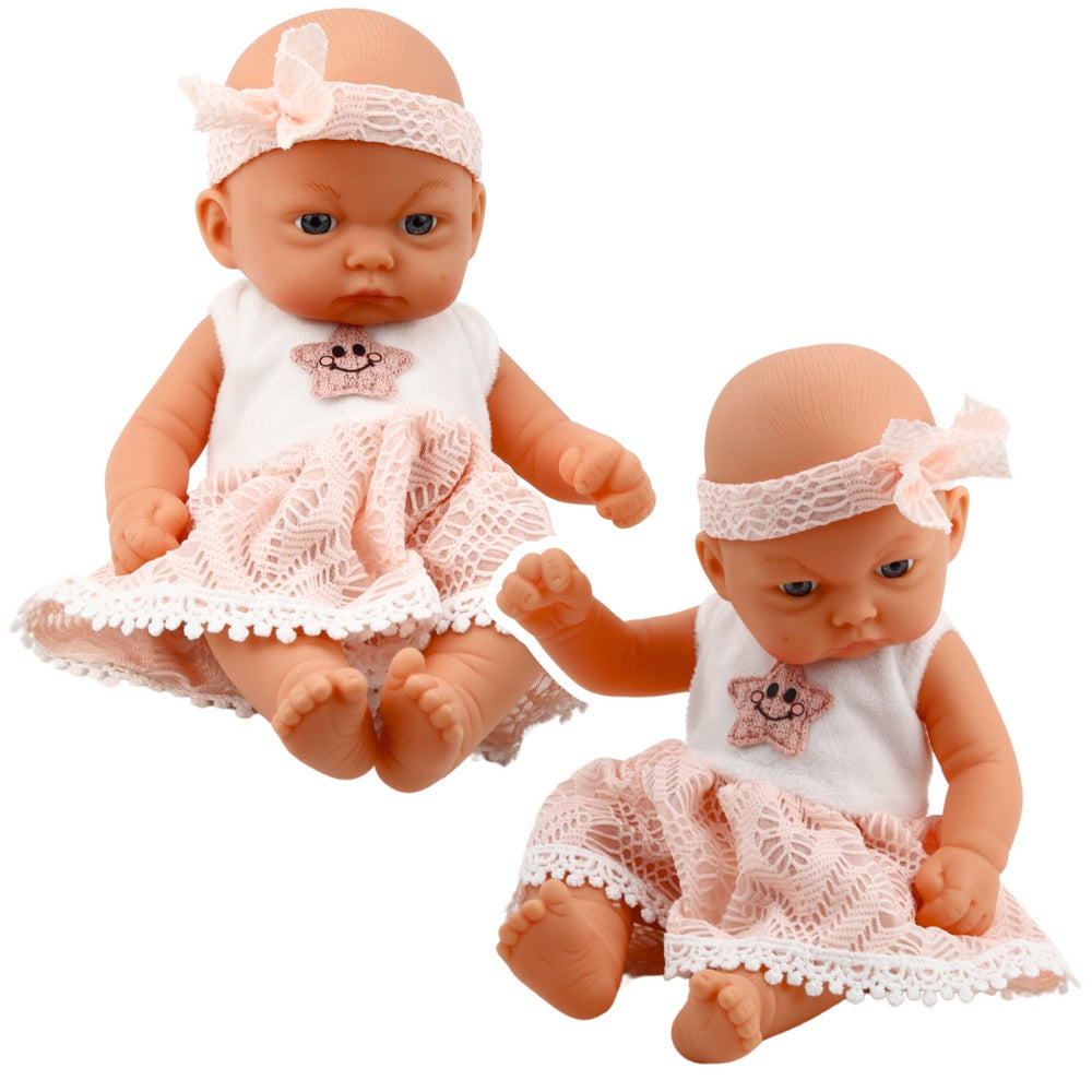 Babydocka 24 cm med rosa spetsklänning och huvudband